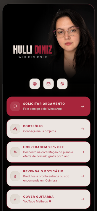 Página bio antiga de Hulli Diniz, em preto e carmim